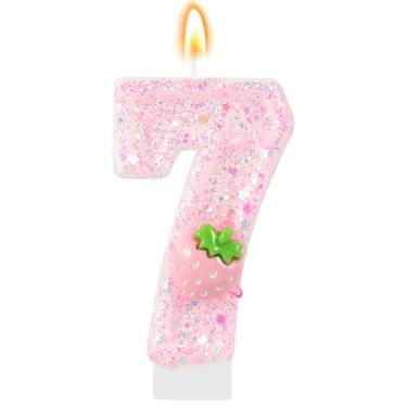 Imagem de IDIJOLI Velas com número rosa, morango, aniversário, enfeite de bolo de 7º aniversário, decorações de cupcake para meninas e mulheres, decoração de festa de morango, comemorações, suprimentos