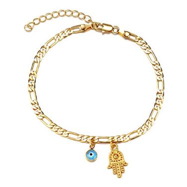 Imagem de Tornozeleira Kelistom feita à mão para pendurar no lado do mal, Hamsa, para mulheres, adolescentes, pulseira delicada banhada a ouro real 14K com extensão de 5 cm, joia minimalista à prova d'água e não mancha
