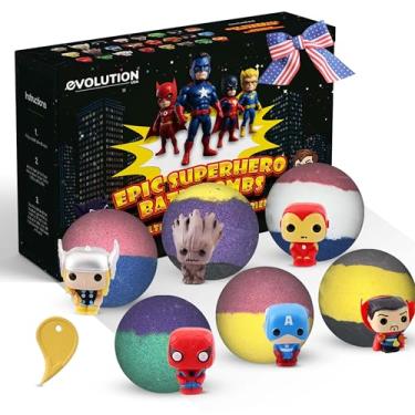 Imagem de EvolutionUSA Bombas de banho pretas épicas de super-heróis para crianças, 6 bombas de banho de super-heróis com brinquedo dentro, bombas de banho infantis exuberantes, bomba de banho orgânica com