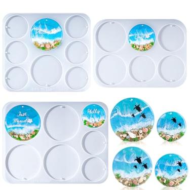 Imagem de LET'S Resin Porta-chaves de 21 cavidades moldes de resina com orifício, 4 tamanhos 7 cm, 7 cm, 6 cm, 5 cm, círculo, plano, redondo, silicone, moldes para resina, resina epóxi para enfeites de Natal