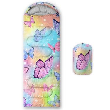Imagem de Smell Sunshine Saco de dormir infantil para meninos e meninas, borboleta arco-íris em aquarela, leve, quente, ao ar livre, interior, impermeável, resistente ao clima frio, saco de dormir para