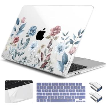 Imagem de Yebiseven Capa para MacBook Air 13,6 polegadas M4/M3/M2 2025 2024 2023 2022 lançado A3240/A3113/A2681, capa rígida para laptop com capa de teclado e protetor de trackpad e 2 adaptadores OTG, flores em
