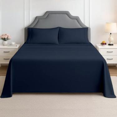 Imagem de Jogo de lençol para trailer, tamanho de caminhão 106 x 203 cm, azul marinho liso - serve em colchões de até 38 cm de profundidade, lençóis de cama de trailer de 4 peças para trailers, motorhomes e