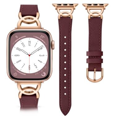 Imagem de DaQin Pulseira de couro fina compatível com Apple Watch séries 10, 9, 8, 7, 6, 5, 4, 3, 2 e 1 de 44 mm, 42 mm, 45 mm e 46 mm, ouro rosa