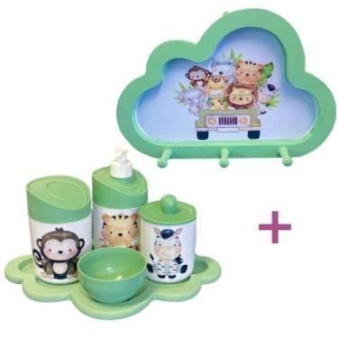 Imagem de Kit Higiene Bebê Safari Macaco, zebra e tigre + Cabideiro Infantil Nuv