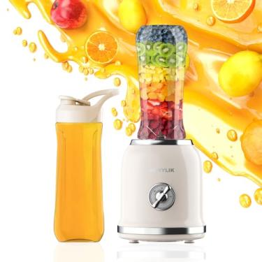 Imagem de DOWYLIK Liquidificador pessoal, liquidificador retrô de 3 velocidades para bebida proteica, máquina de smoothie com lâmina de 6 bordas e 2 copos de viagem sem BPA de 590 ml
