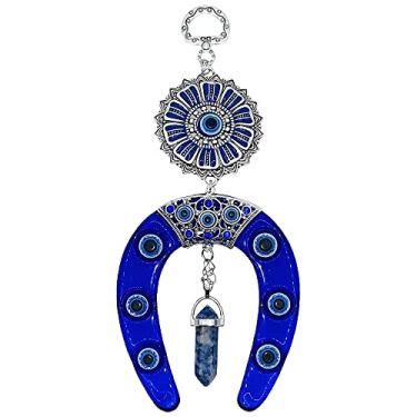 Imagem de LUCKBOOSTIUM Ferradura de olho turco com pingente de cristal azul - chaveiro com pingente de boa sorte, felicidade e proteção, enfeite de pendurar no carro com olho turco, acessórios para espelho