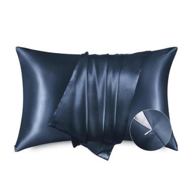 Imagem de Fronha Bedsure Satin para cabelo com zíper King Blue Granite