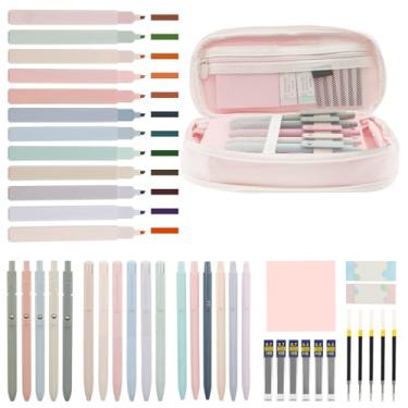 Imagem de ZJRDYYK Conjunto de 44 materiais escolares estéticos com estojo para caneta, 12 marcadores, 11 canetas de gel, 6 lapiseiras, 2 borrachas, notas adesivas para estudantes, artigos de papelaria e artigos