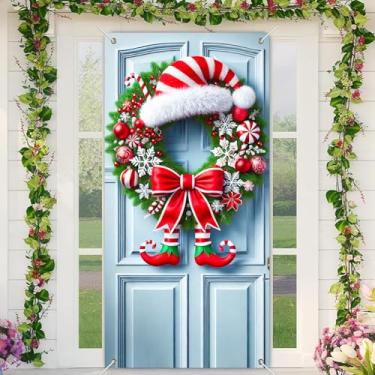 Imagem de BlissYard Capa de porta de guirlanda de elfo de Natal, 89 x 188 cm, faixa de porta festiva de Natal fofo, chapéu de elfo, pernas, portas, decorações de tecido de poliéster, mural para pendurar na