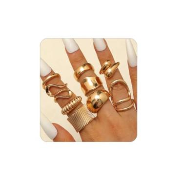 Imagem de ZMJK Conjunto de anéis de ouro volumosos empilháveis para mulheres 14 K, não manchados, ousados, grossos, vintage, prata, banda larga, geometria, pacote de anéis de articulação para adolescentes