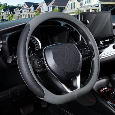 Imagem de SEG Direct Capa de volante em forma de D para rodas de fundo plano de 37-38 cm, couro de microfibra perfurado respirável, aderência antiderrapante, ajuste universal para carros e SUVs, preto e cinza