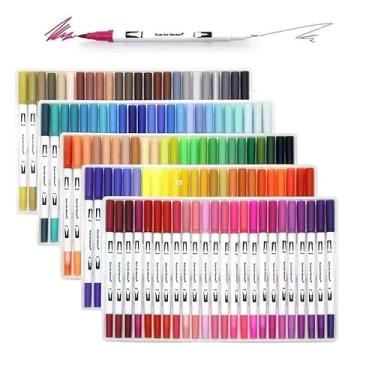 Imagem de Caneta Brush Pen Kit 48 Cores 2 em 1, Pontas Pincel e Fina, Canetinha Dupla para Lettering, Escolar, Colorir, Desenho