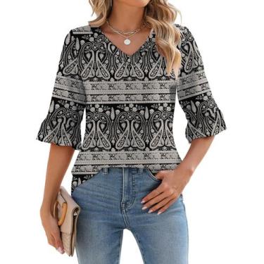 Imagem de Blusas LOMON Dressy Casual Paisley para mulheres e túnica com decote e