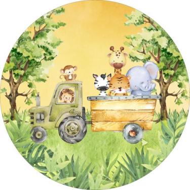 Imagem de Painel em Tecido Sublimado Redondo Safari aquarela animais folhas fund