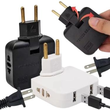 Imagem de Adaptador de Tomada Articulado com 2 Portas USB, Entrada Universal, Preto e Branco