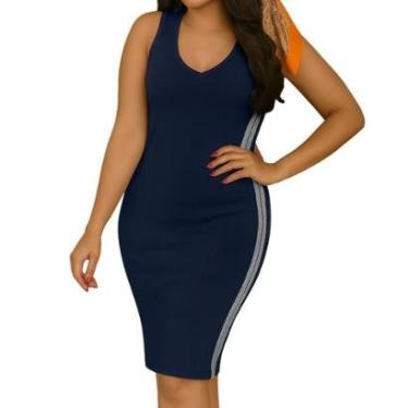 Imagem de Vestido Vih Triny Midi Tricô Feminino Justo Listrado Lateral Premium Casual-Feminino