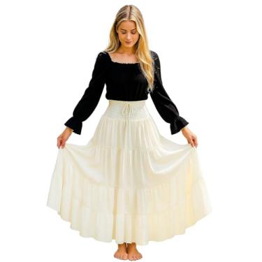 Imagem de ThePirateDressing Saia maxi com cintura franzida boho renascentista medieval camponesa pirata, Off-white, G