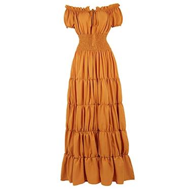 Imagem de Lehauya Fantasia feminina renascentista medieval de pirata camponesa Wench Boho camisola com cintura franzida, Gengibre, G