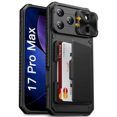 Imagem de Vihibii Capa para iPhone Pro Max com suporte para cartão (4 cartões) [bloqueio RFID] e capa de câmera deslizante, proteção contra quedas de grau militar, traseira rígida robusta e borda de silicone