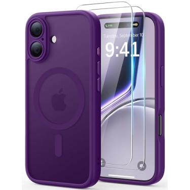 Imagem de JJL Capa magnética para iPhone 17, compatível com Magsafe, [com 2x protetores de tela] [proteção total da câmera] Capa protetora fina translúcida fosca à prova de choque, roxo profundo