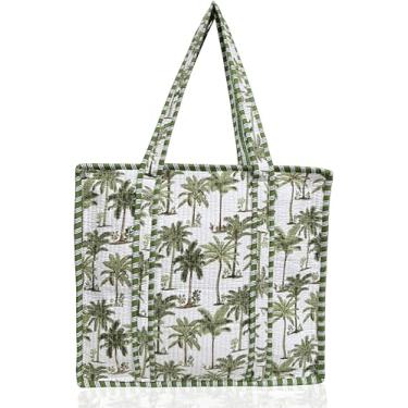 Imagem de Bolsa feminina acolchoada de algodão estampada à mão – Bolsa de mão grande 45,7 x 40,6 cm, trabalho, laptop, viagem praia essencial (estampa de palmeira verde branca)