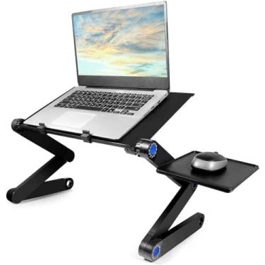 Imagem de Suporte para Notebook Ergonômico Articulado em Alumínio Macbook Ipad Tablet com Mousepad, Angulo e Altura Ajustáveis para Cama Escrítório Livro e Leitura com Travas 360° - Preto.