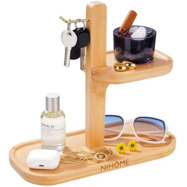 Imagem de NiHome Porta-chaves de bambu com bandejas organizadoras grandes e pequenas para entrada, mesa de cabeceira, cômoda, escritório, coletor de madeira para chaves, joias, telefones, acessórios