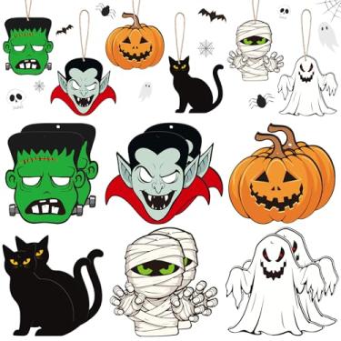 Imagem de Yookeer Pacote com 24 enfeites vintage de árvore de Halloween, decorações penduradas de madeira, gato fantasma, morcego preto e abóbora, presente de filme de terror para decoração de festas horríveis