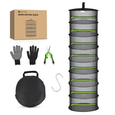 Imagem de Yesker Rack de secagem de ervas com 8 camadas de tela, dobrável, para secar plantas, 61 cm, luvas de tesouras de poda com zíper verde, suporte para secar roupas, para sementes de ervas, brotos, frutas