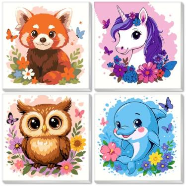 Imagem de Nariolar Pacote com 4 kits de pintura por números para crianças de 4 a 8 anos com tela pré-impressa de 20 x 20 cm, potes de tinta acrílica e 6 pincéis de pintura, presentes criativos para crianças