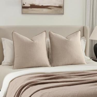 Imagem de MIULEE Capas de almofada decorativas Euro Sham 61 x 61, pacote com 2 almofadas grandes Boho Farmhouse Neutral para cama, capas de almofada de linho modernas com detalhes macios para sofá, sala de