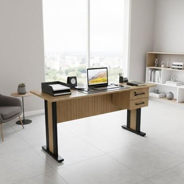 Imagem de Mesa Reta de Escritório 160cm com 2 Gavetas e Chave Office Amêndoa/Preto