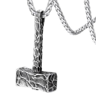 Imagem de FaithHeart Colar de martelo do Thor Viking, aço inoxidável/prata esterlina Vegvisir Mjolnir Amuleto com corrente de trigo resistente Prata