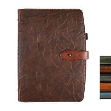Imagem de OnMove Fichário capa de couro genuíno recarregável com 6 anéis com suporte para caneta, 160 páginas, caderno pautado na faculdade, diário para anotações, viagens, escola, marrom, A5