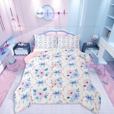 Imagem de Erosebridal Conjunto de cama solteiro com laço azul, rosa, flor, rosa, para crianças, adolescentes, decoração de quarto, decoração de quarto, edredom macio e leve