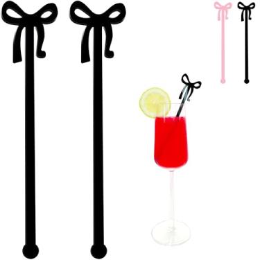 Imagem de XMZY Drink Stir Sticks 20 peças coqueteleira misturadores de café palitos de acrílico para Shirley Temple Bar Suprimentos Decorações de laço preto para festa (preto)