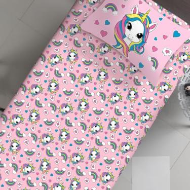 Imagem de Jogo de Cama Solteiro Infantil Unicornio Arco Iris Coração Rosa Menina Rosa Oficial – Anti Alergico Lençol c/Elástico – 2 peças Malha 70% Algodão 30% Poliéster Premium