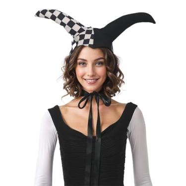 Imagem de UniqKaliber Gargantilha de palhaço vitoriano xadrez e chapéu de bobo bobo da corte de Natal com sinos para fantasia