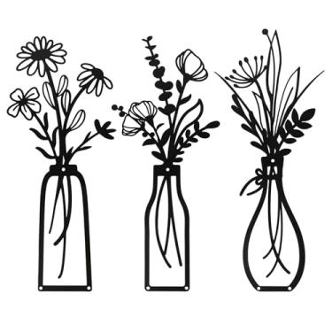 Imagem de HAIOPS Arte de parede de flores de metal, 3 peças, vaso rústico, casa de fazenda, decoração minimalista para pendurar para sala de estar, sala de jantar, banheiro