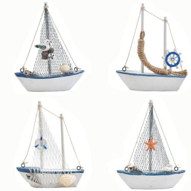 Imagem de OTYMIOW 4 peças mini veleiro decoração praia design náutico, centros de mesa náuticos para mesas, azul marinho e branco, barco à vela miniatura de madeira para banheiro, chuveiro, decorações de festa