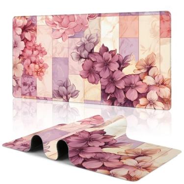 Imagem de Tapete de mouse grande, colorido, mármore e flor, tapete de mesa para teclado e mouse, base de borracha antiderrapante grande tapete de mesa com bordas costuradas para escritório de jogos, 80 x 40 cm