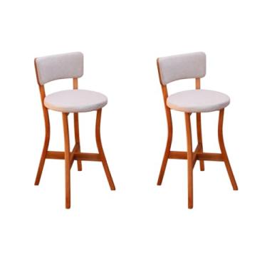 Imagem de Kit 2 Banquetas Alta Com Encosto Estofado Base em Madeira Maciça Linho Bege - Frida