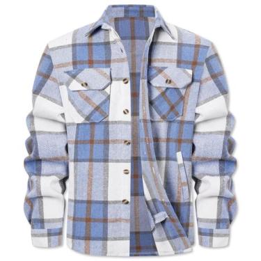 Imagem de Camisa, jaqueta, flanela cromante, algodão para homens, branco, azul -