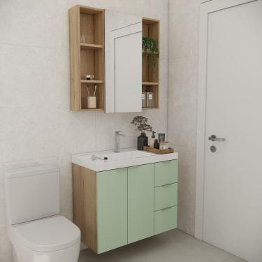 Imagem de Conjunto de Banheiro com Cuba 80cm Gaveta Direita Vittare Carvalho/Verde