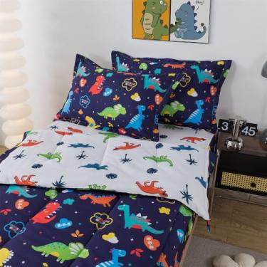 Imagem de lishjekee Jogo de cama infantil solteiro com zíper, dinossauro, azul marinho, lençol com estampa de dinossauro, tema de selva, tudo em um com zíper, todas as estações, decoração de casa