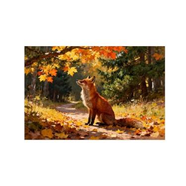 Imagem de Quadro arte parede outono-Raposa árvore floresta Impressões em tela paisagens-Pintura animais para sala estar decoração fazenda 20x30cm Sem Moldura