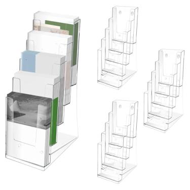 Imagem de HJJWNDDNG Pacote com 4 porta-folhetos de acrílico, 10 cm de largura, 5 camadas, suporte de panfleto transparente, suporte de parede com vários bolsos ou organizador de bancada (cor transparente)