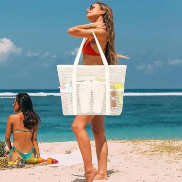 Imagem de Bolsa de praia de malha com alças, academia leve e bolsa de compras, organizador de viagem ventilado multiuso, Branco, Large
