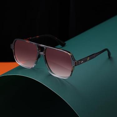 Imagem de Óculos de sol aviador grandes para mulheres e homens – Óculos de sol quadrados retrô anos 70, Leopardo - Transparente/Marrom Gradiente, Large